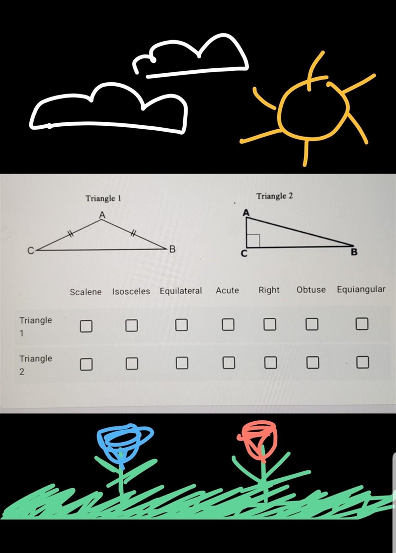 Help me classify the triangles by its sides and measuring its angles :) ​-example-1