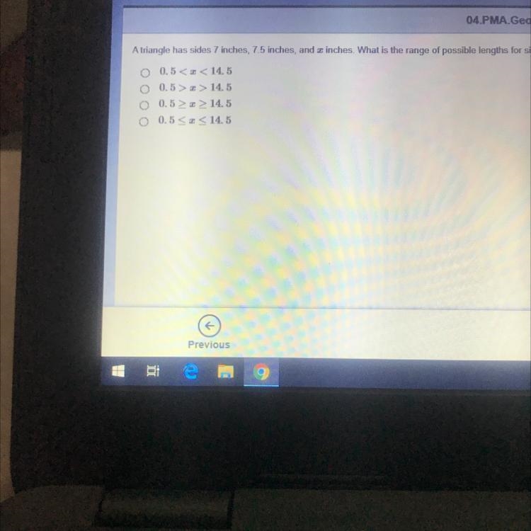 a triangle has sides 7 inches, 7.5 inches, and x inches.What is the range of possible-example-1