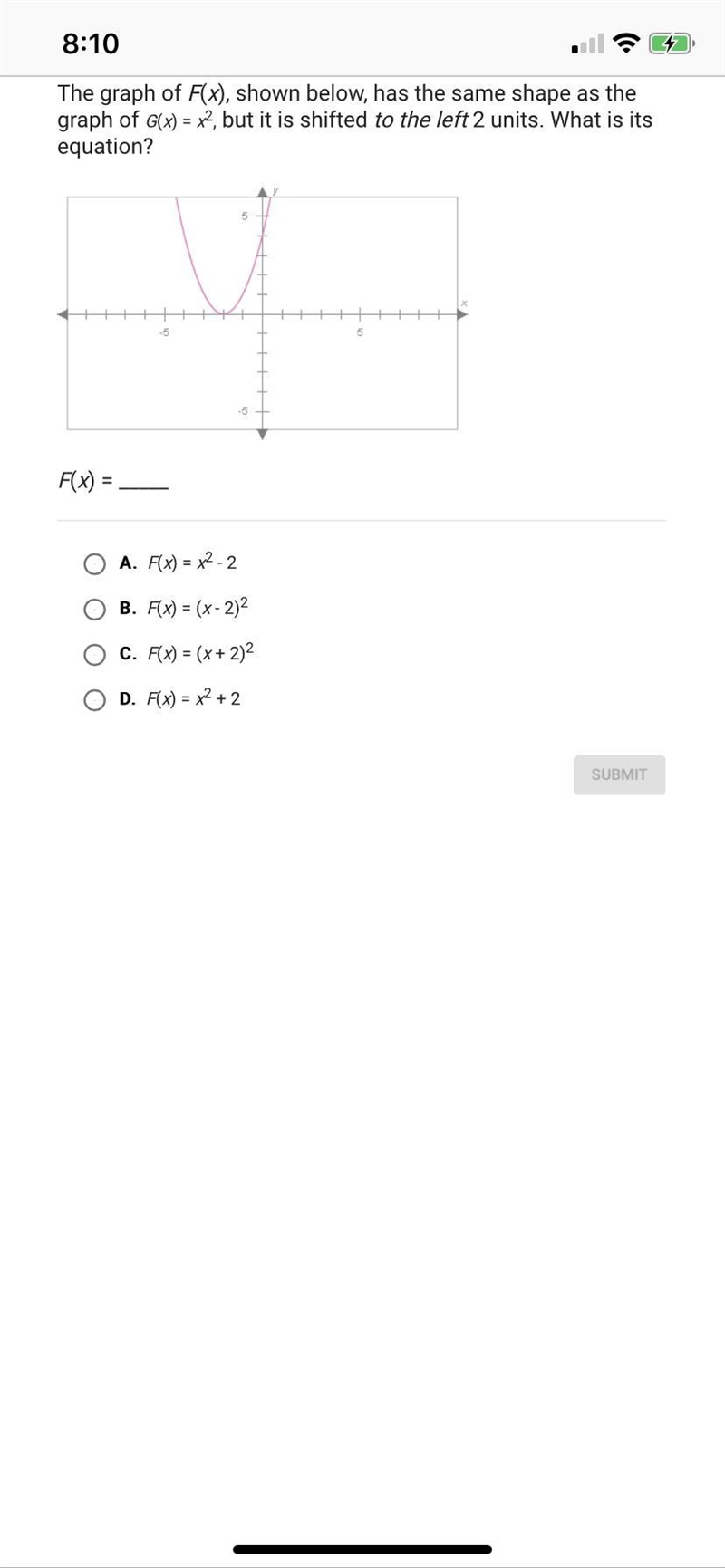 The graph of f(x) shown below has the same shape as the graph of g (x) = x^2 but it-example-1