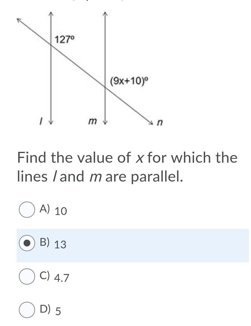 Find the value of x for which the lines l and m are parallel. Choices are in the attachment-example-1