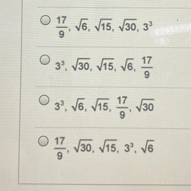 Which shows the expressions in the order they would appear on a number line from least-example-1