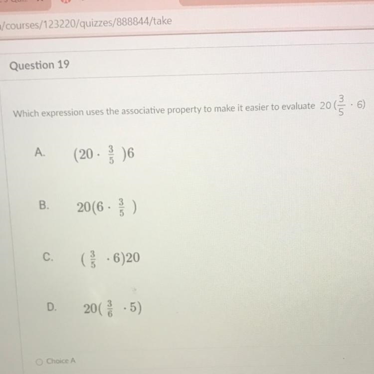 Which expression uses the associative property to make it easier to evaluate 20 (3/5 • 6) A-example-1