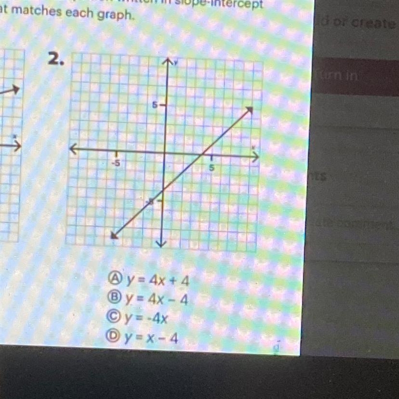 Choose the linear equation written in slope-intercept form that matches each graph-example-1