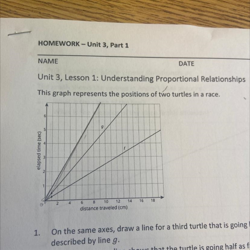 1. On the same axes, draw a line for a third turtle that is going half as fast as-example-1