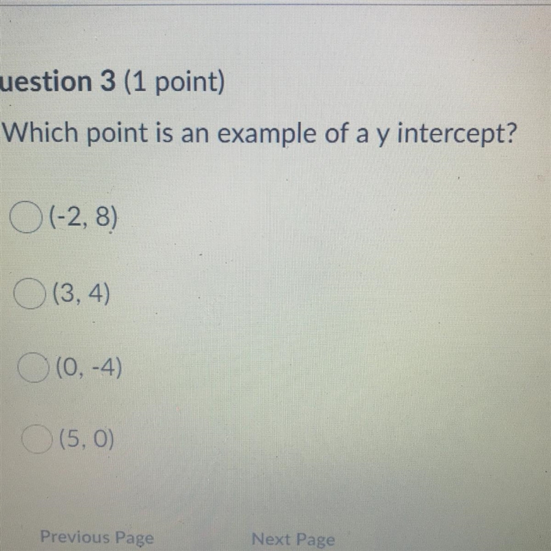 Which point is an example of a y intercept? A. (-2, 8) B. (3, 4) C. (0, -4) D. (5,0)-example-1