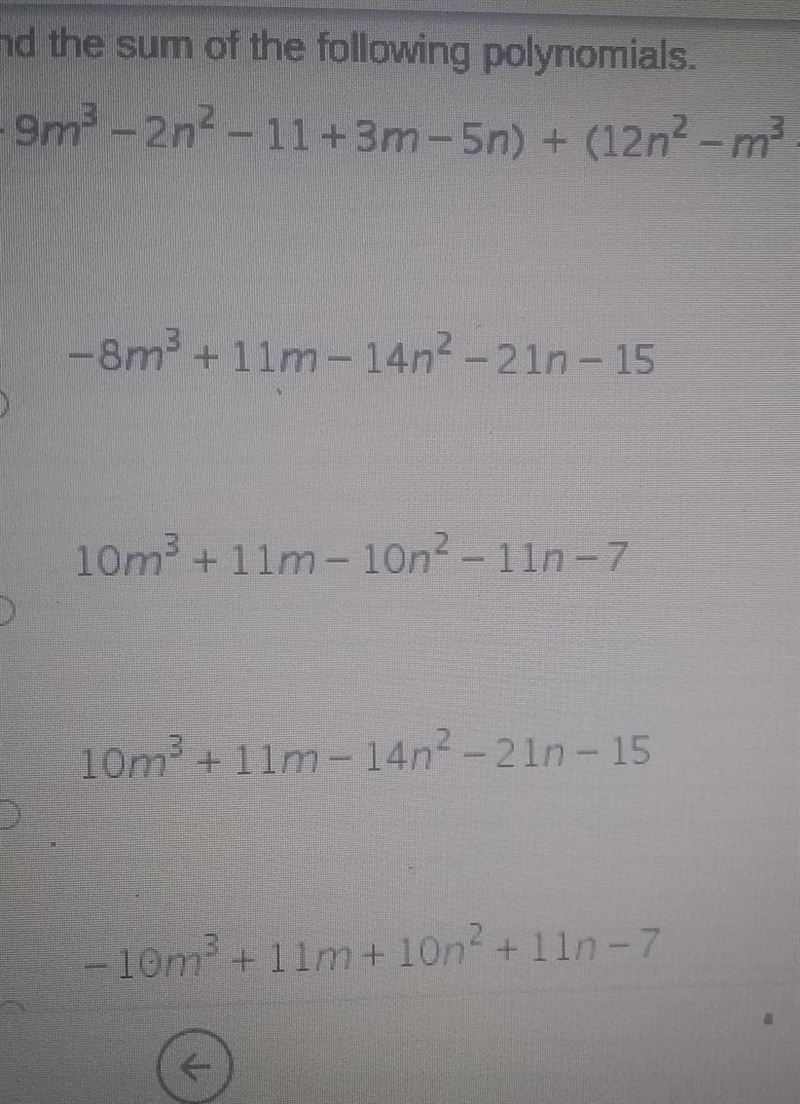 Find the sum of the following polynomials. (-9m3 - 2n2 - 11+3m-5n) + (12n2-m +4 + 16n-example-1