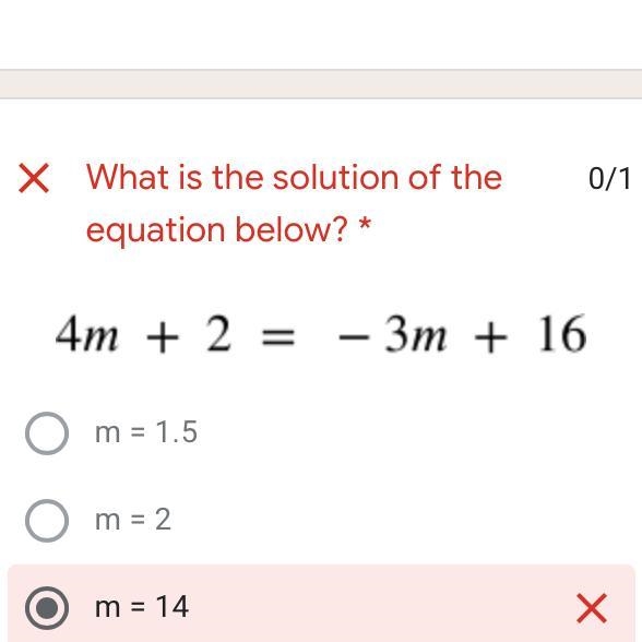 How do I solve 4m + 2 = -3m + 16?-example-1