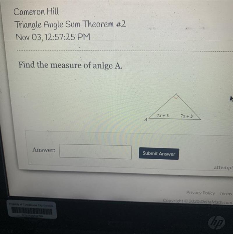 Find the measure of anlge A. 7x + 3 7x + 3 A PLEASE HELP!!!!!!!-example-1