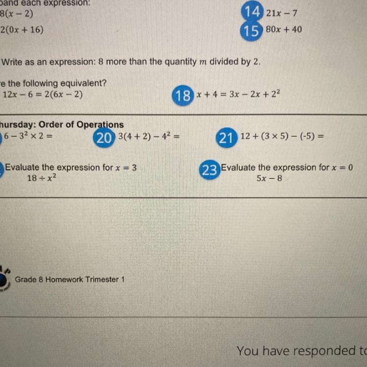 (The last 22 and 23) 1)Evaluate the expression for x = 3 18+ x2 2)Evaluate the expression-example-1