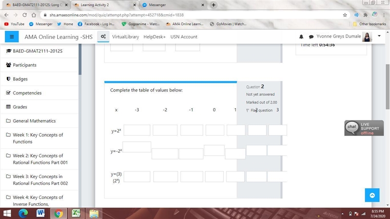 Complete the table of values below: x -3 -2 -1 0 1 2 3 How the graph relates to y-example-1