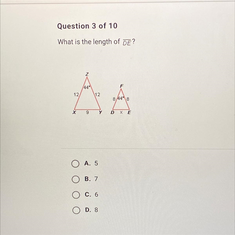 What is the length of DE? A. 5 B.7 C.6 D.8-example-1