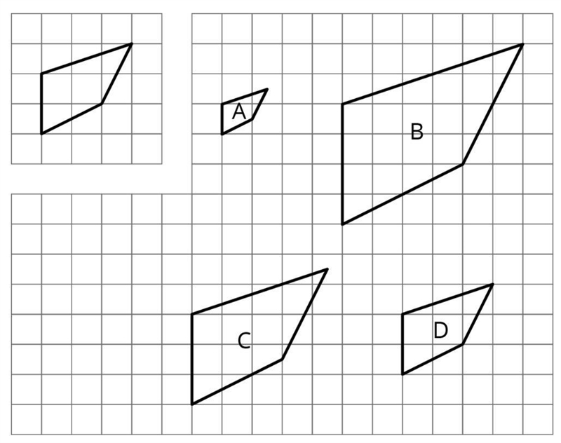 Here is an unlabeled polygon, along with its scaled copies Polygons A–D. Determine-example-1