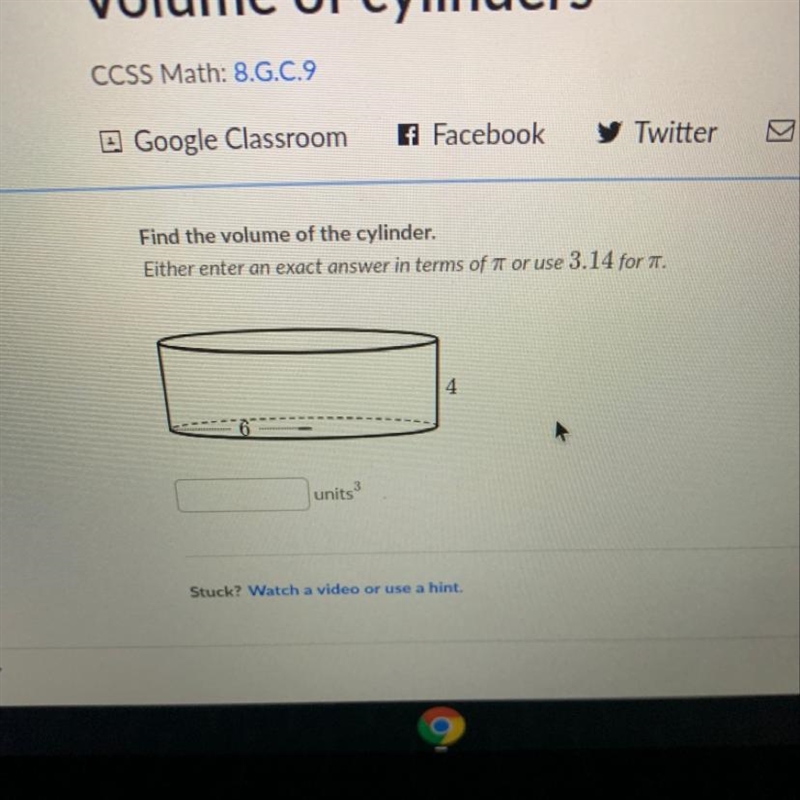 Find the volume of the cylinder all i need is the answer thank you!-example-1