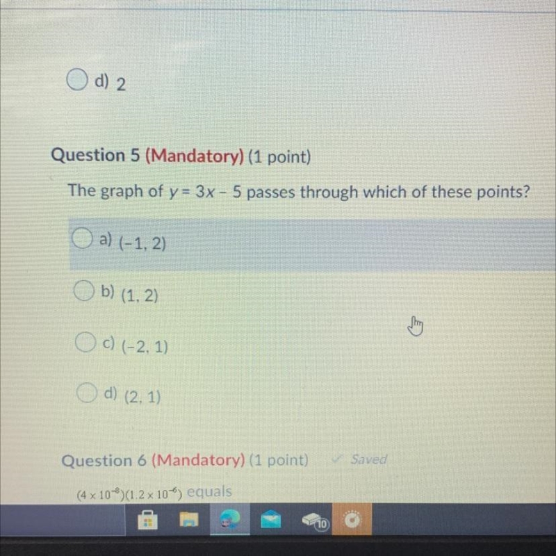 The graph of y=3x-5 passes through which of these points?-example-1