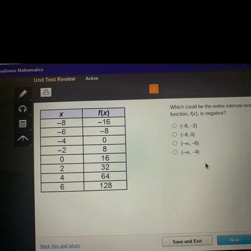 Which could be the entire interval over which the function, f(x), is negative? (-8,-2) (-8,0) (-0, -6) (00,-4)-example-1