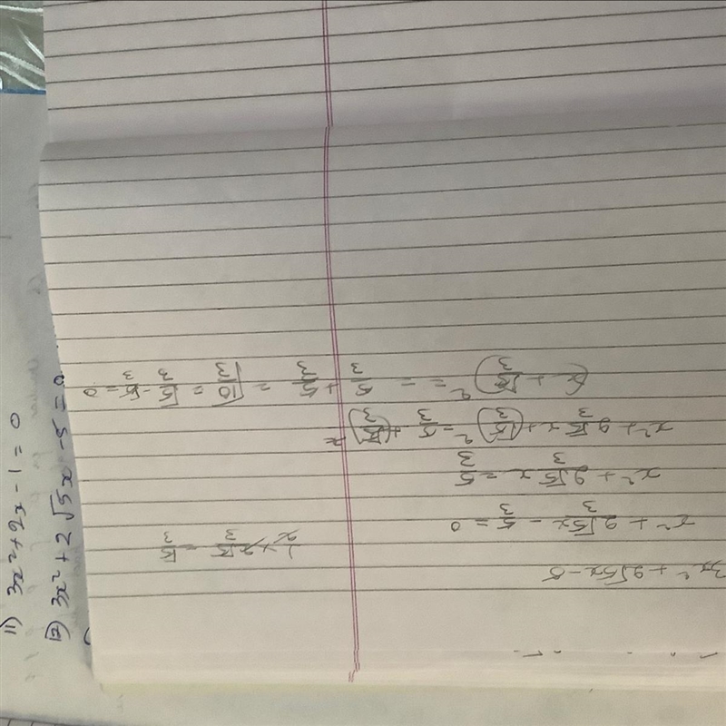 3x^2+2root5x-5=0 Completing the square method I am supposed to get answer as root-example-1