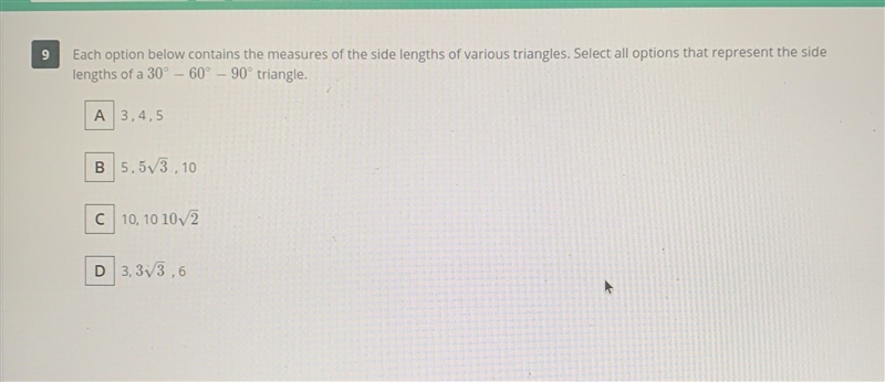 Select all options that represents the side lengths of a 30 60 90 triangle.-example-1