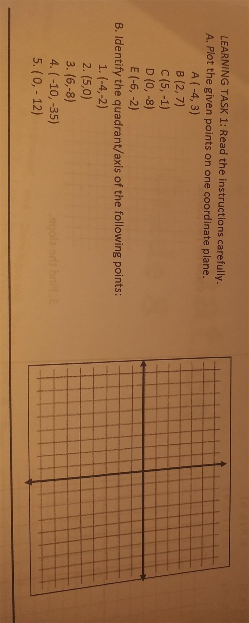 A.Plot the given points on one coordinate plane A.(-4,3) B.(2,7) C.(5,-1) D.(0,-8) E-example-1