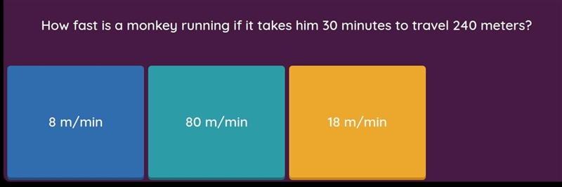 How fast is a monkey running if it takes him 30 minutes to travel 240 meters-example-1