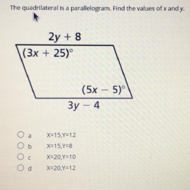 The quadrilateral is a parallelogram find the value of x and y. Helpp..-example-1