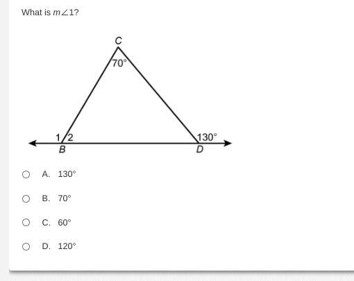 What is m<1 A. 130° B. 70° C. 60° D. 120°-example-1