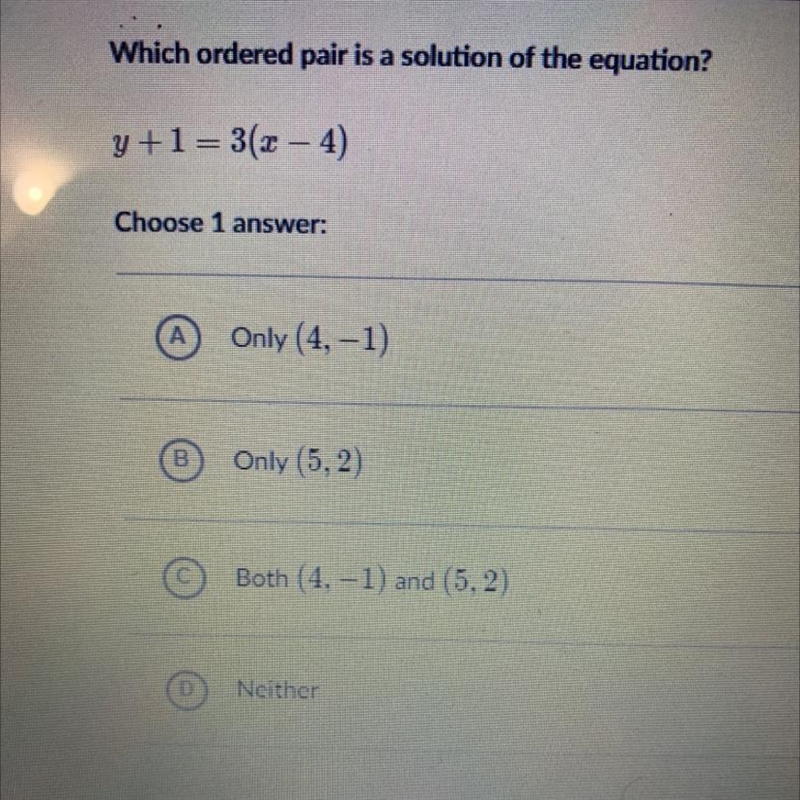 Which ordered pair is a solution of the equation? y+1 =3(2 – 4)-example-1