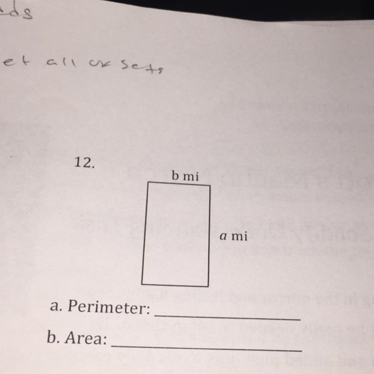 B mi a mi a. Perimeter: b. Area: What is the perimeter and the area?-example-1