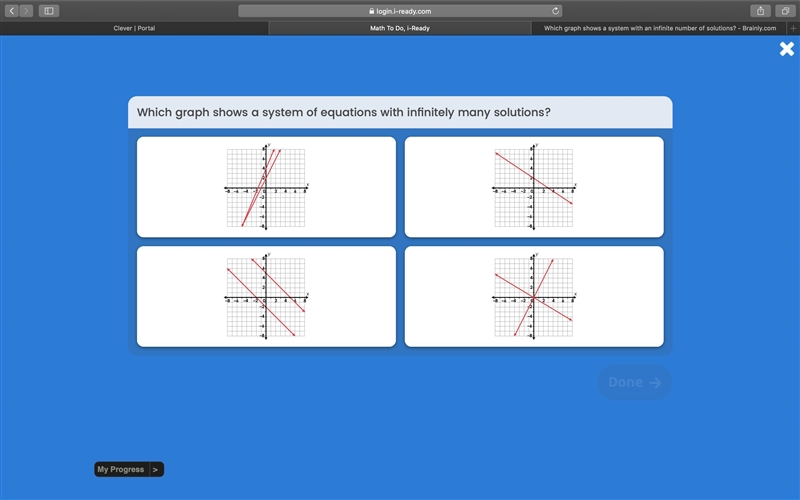 Which graph shows a system with an infinite number of solutions?-example-1