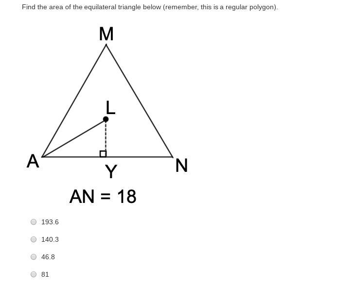 Find the area of the equilateral triangle below (remember, this is a regular polygon-example-1