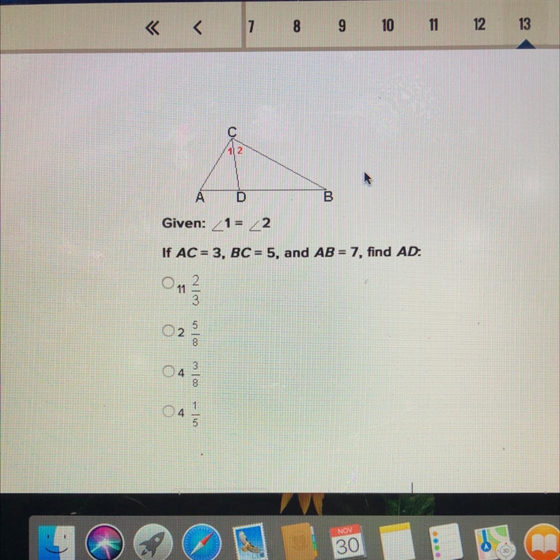 If AC=3, BC=5, and AB=7, find AD: 11 2/3 2 5/8 4 3/8 4 1/5-example-1