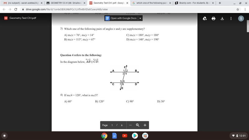 Which one of the following pairs of angles x and y are supplementary, answer ASAP-example-1