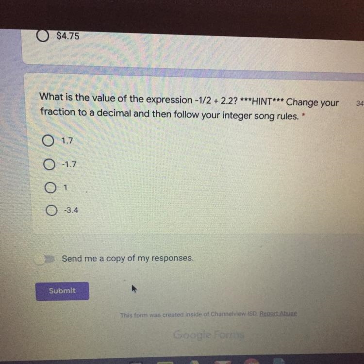 What is the value of the expression -1/2 + 2.2? ***HINT*** Change your fraction to-example-1