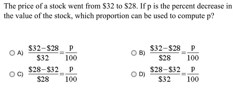 The price of a stock went from $32 to $28. If p is the percent decrease in the value-example-1