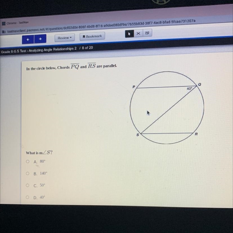 In the circle below, Chords PQ and RS are parallel. What is m A. 80 B. 140° C. 50° D-example-1