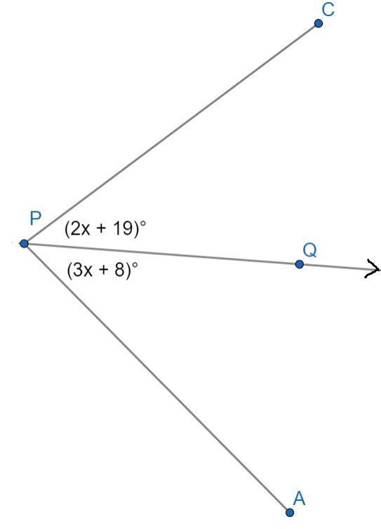 HELP PLEASE ! In the diagram, PQ bisects ∠CPA. Determine m∠CPA. Show your work to-example-1