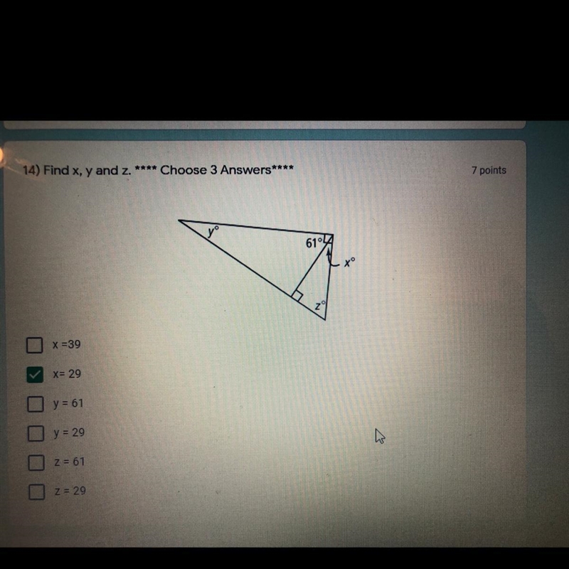 Find x, y, and z x = 39 x = 29 y = 61 y = 29 z = 61 z = 29-example-1