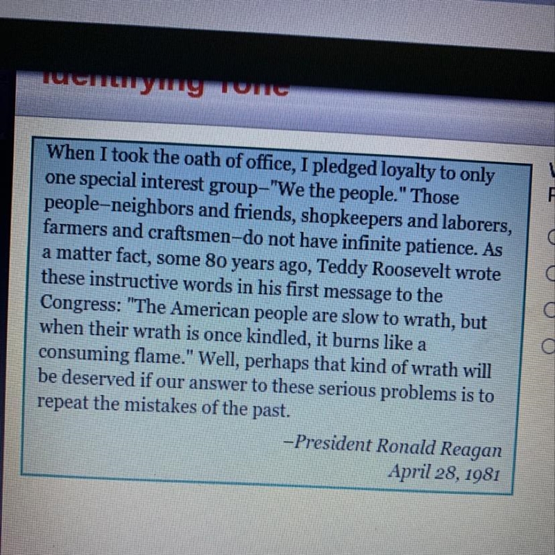 Which phrase best describes the tone President Reagan uses in this passage? O serious-example-1