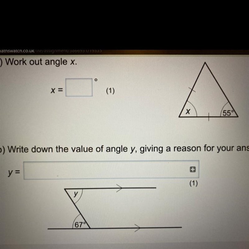 Work out angle x write down the value of angle y-example-1