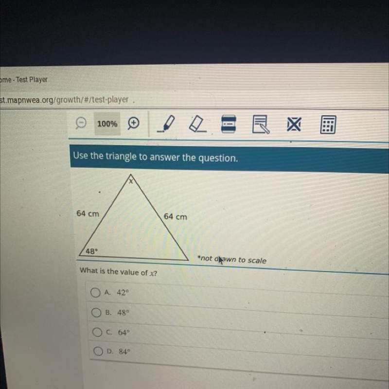 Use the triangle to answer the question. What is the value of x?-example-1