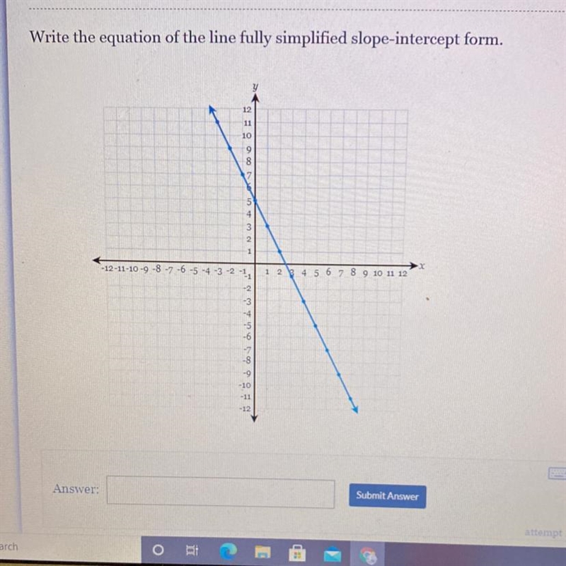 Write the equation of the line fully simplified slope intercept form.-example-1