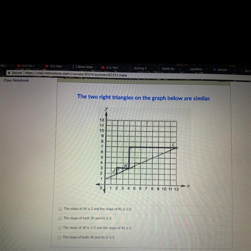 The two right triangles on the graph below are similar.-example-1