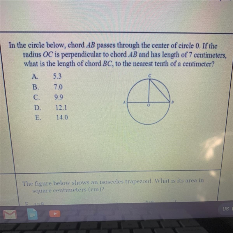 In the circle below, chord AB passes through the center of circle 0. If the radius-example-1