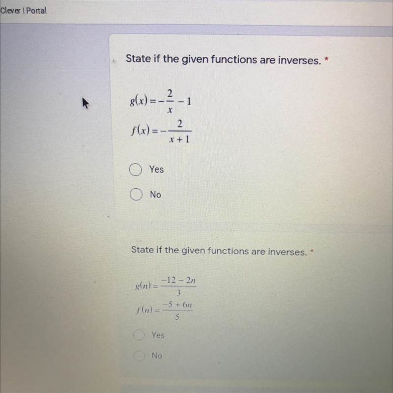 State if the given functions are inverses. *-example-1