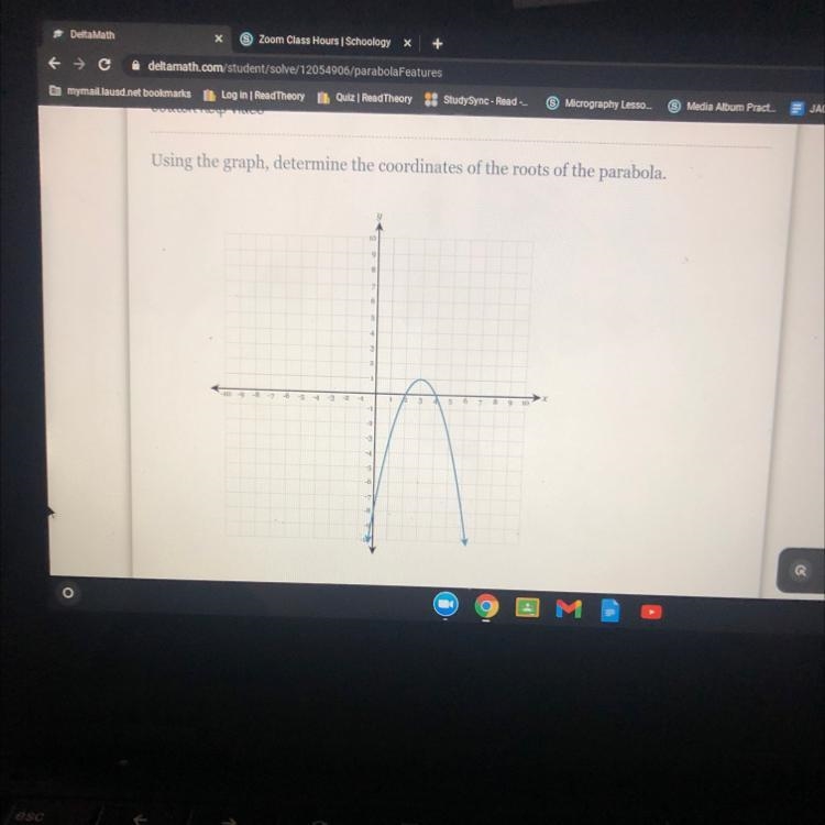 Using the graph, determine the coordinates of the roots of the parabola.-example-1