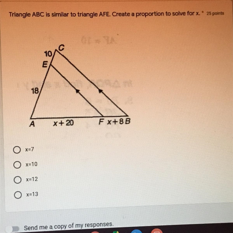 Triangle ABC is similar to triangle AFE. Create a proportion to solve for x 25 points-example-1