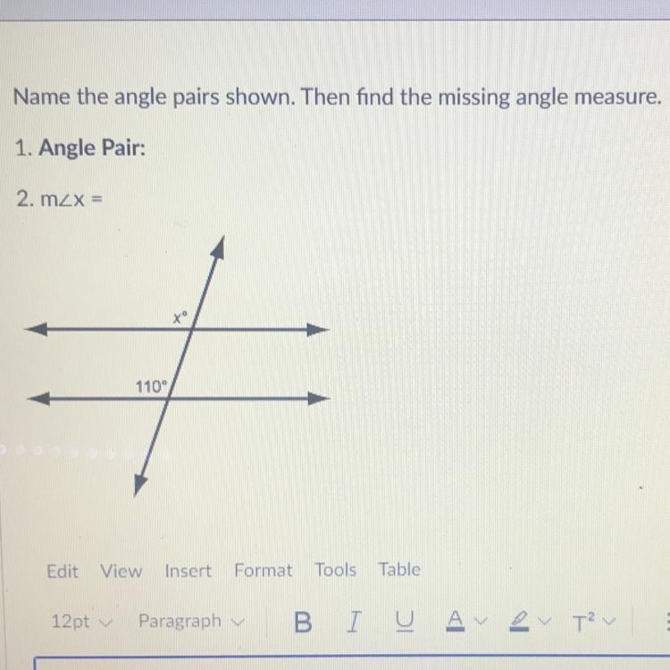 Name the angle pairs shown. Then find the missing angle measure 1. Angle pair 2. M-example-1