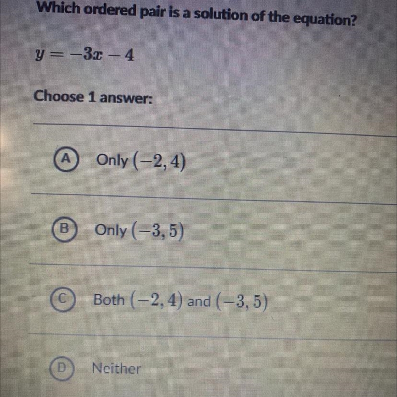 Which ordered pair is a solution of the equation? y = -3x-4.-example-1