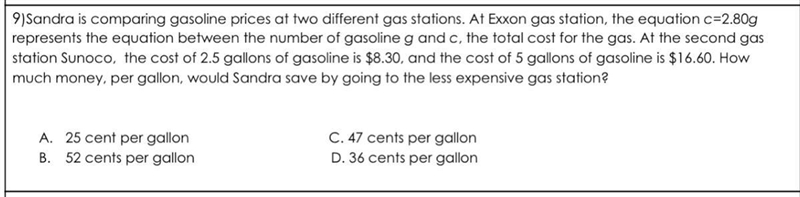 Help please lol Sandra is comparing gasoline prices at two different gas stations-example-1