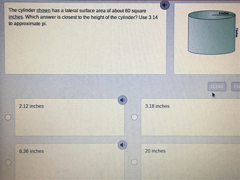 The cylinder shown has a lateral surface area of about 60sq in. Which answer is closest-example-1