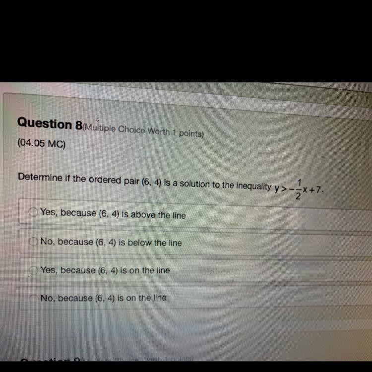 Determine if the ordered pair (6, 4) is a solution to the inequality-example-1